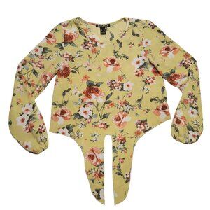 Revamped Crop Top Womens XS Yellow Floral Balloon‎ Long Sleeve Tie Front